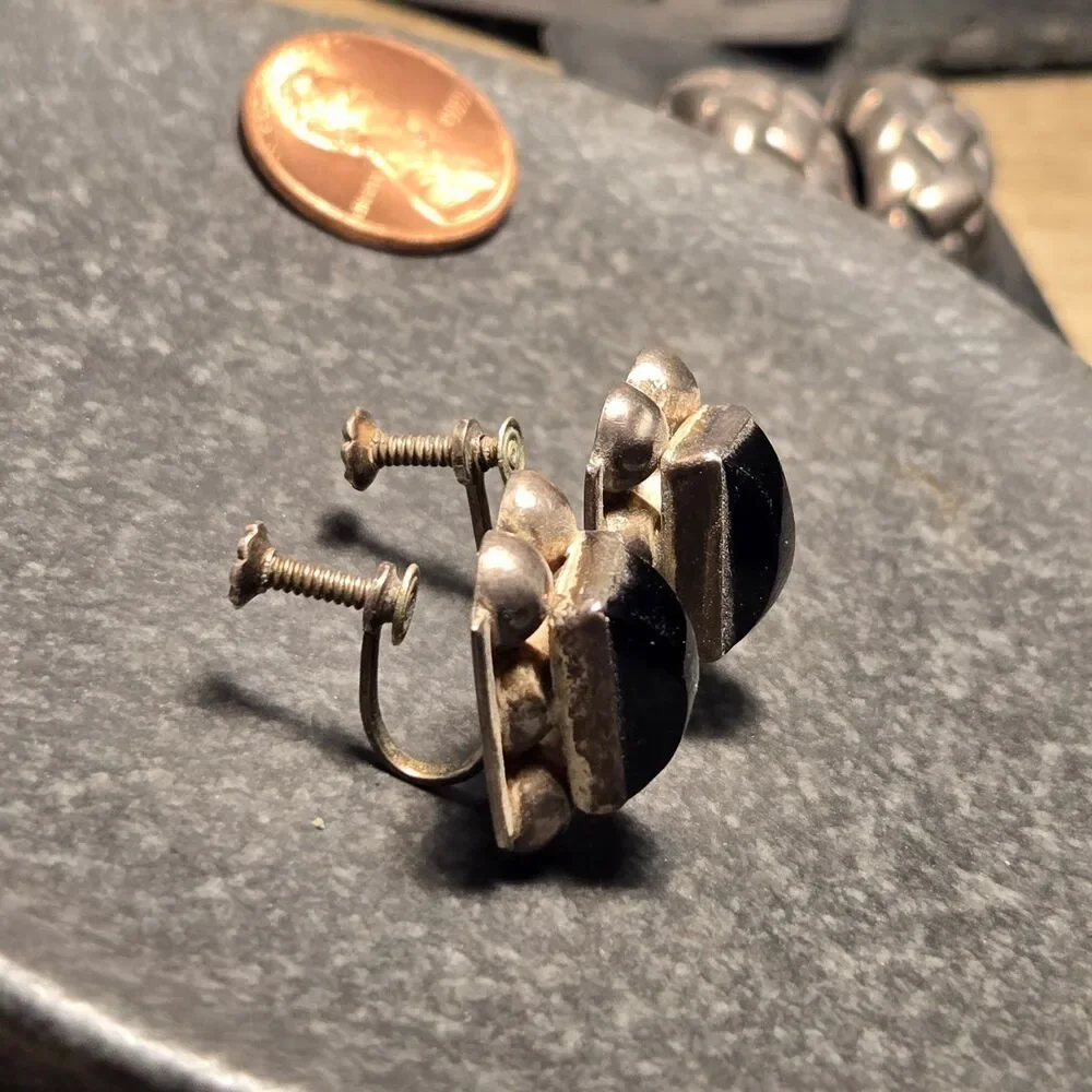Mexico Black Screw on Sterling Silver Earrings